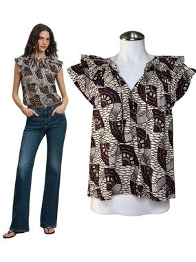 $245 ULLA JOHNSON “Elm” Top Poplin Flutter Sleeve  Ruffle  Blouse Sz 2